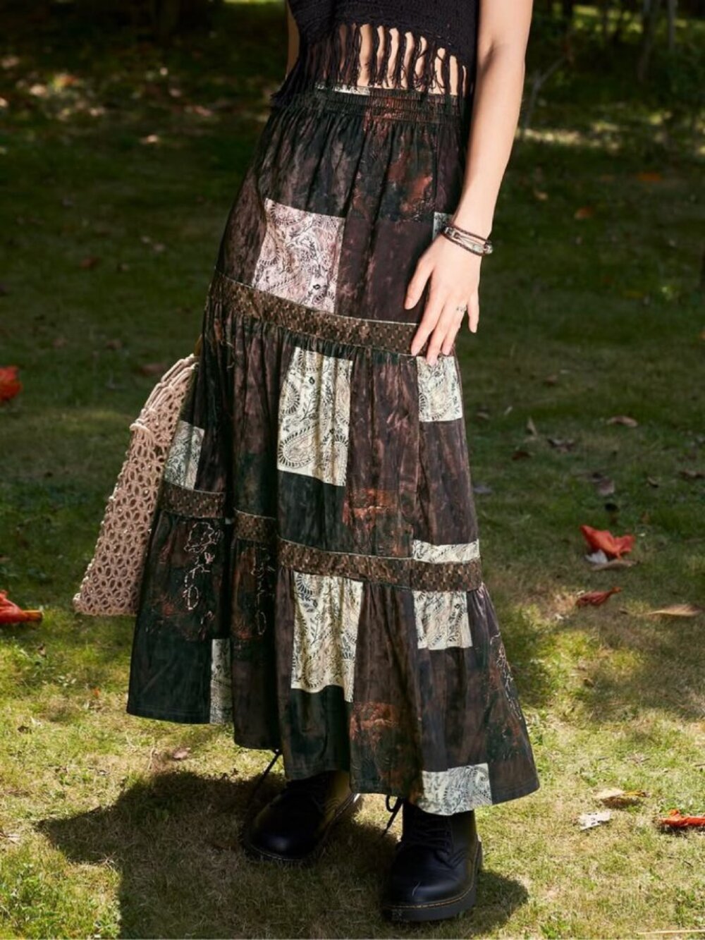 Velvet Paisley Maxi Skirt – Boho Patchwork Tiered Long Skirt